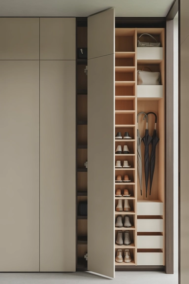 23 Mudroom Storage Ideas for Small Homes 13 Pull-Out Mudroom Tower Hidden Behind Pantry-Style Door