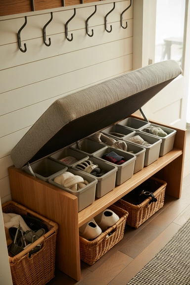 23 Mudroom Storage Ideas for Small Homes 14 Bench with Lift-Up Cushion and Interior Modular Bins