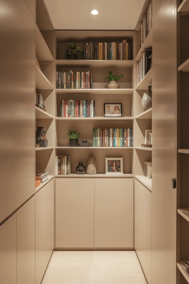 Floor-to-Ceiling Shallow Library Wall with Integrated Closed Base Cabinets
