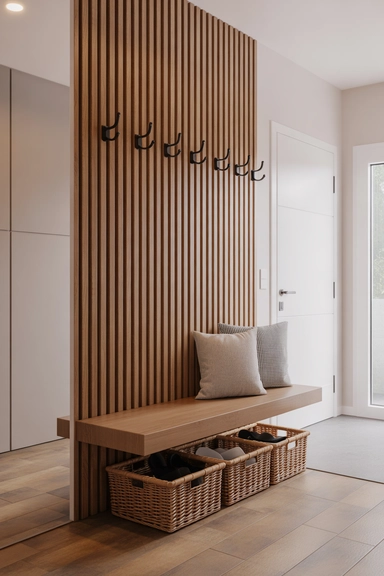 Slatted Wood Feature Wall with Integrated Floating Bench