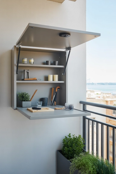 22 Small Balcony Storage Ideas That Add Space 14 Wall-Mounted Drop Cabinet With Outdoor-Rated Hardware