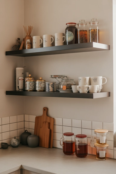21 Tea Station Organization Ideas for a Cozy & Tidy Setup 15 Floating Shelf Tea Station Display