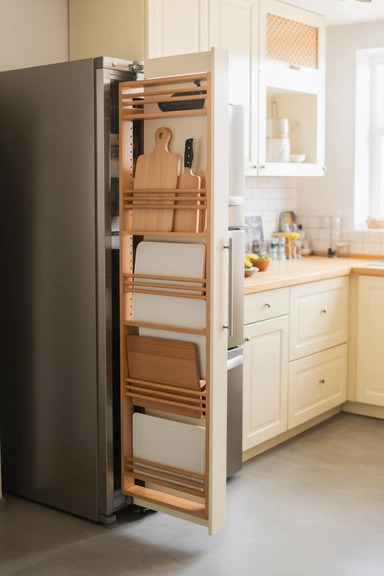 21 Cutting Board Organization Ideas for Small Kitchens 15 Narrow Pull-Out Slots Beside Cabinets