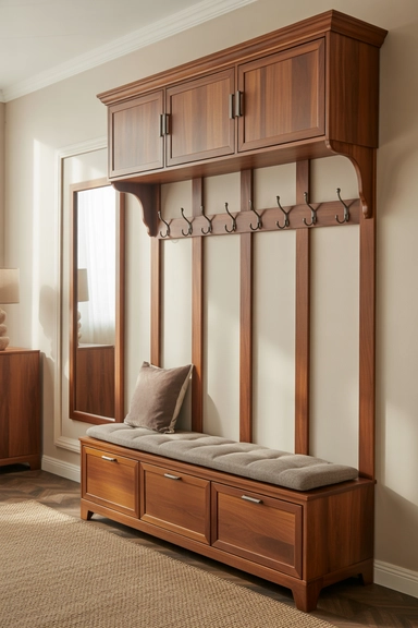 Hall Tree with Overhead Cabinet and Closed Shoe Drawers