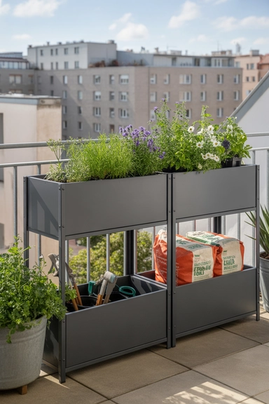 22 Small Balcony Storage Ideas That Add Space 15 Raised Planter Boxes With Integrated Storage Base