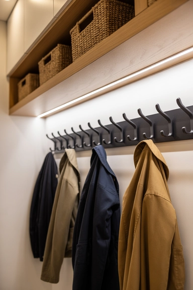 23 Mudroom Storage Ideas for Small Homes 15 Wall-to-Wall Hook Rail with Integrated Upper Shelf and Lighting