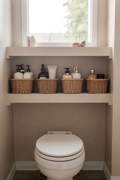 21 Vanity Organization Ideas for Small Spaces 16 Floating Shelf Above the Toilet for Overflow Storage