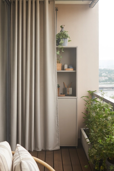 22 Small Balcony Storage Ideas That Add Space 16 Narrow Storage Cabinet Behind Outdoor Curtains
