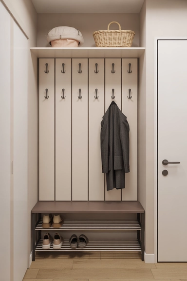Narrow Wall Rail System with Adjustable Hooks and Sliding Shoe Rack