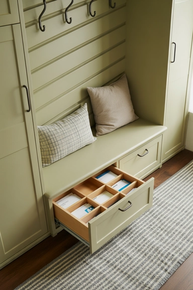 Slim Drawer Tower Built Into an Entry Bench