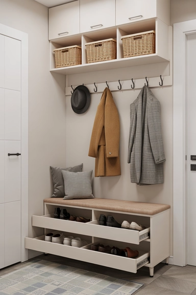 Bench with Pull-Out Vertical Shoe Cabinets and Upper Hook Shelf