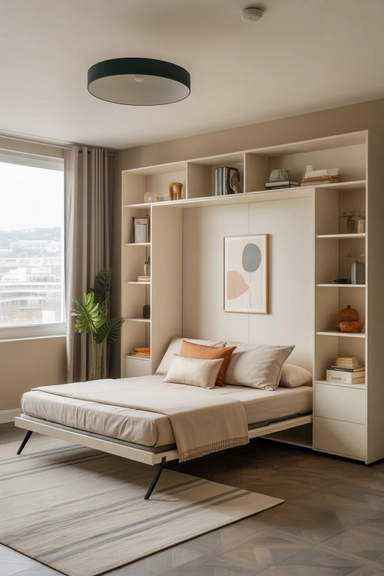 Fold-Out Wall Bed With Integrated Shelving System