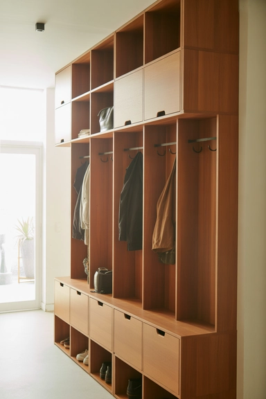 23 Mudroom Storage Ideas for Small Homes 17 Stacked Mudroom Cubes with Individual Drawer Inserts