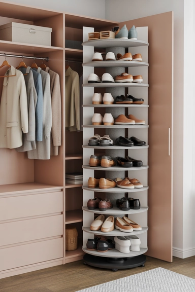 23 Smart Shoe Storage Ideas for Small Spaces 18 Rotating Shoe Storage Towers