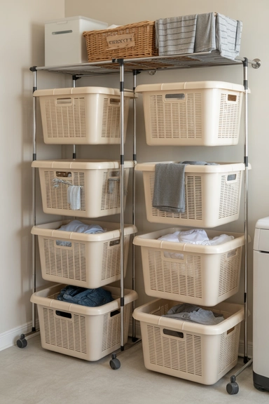 21 Smart Laundry Room Storage Ideas That Save Space 18 Stackable Laundry Basket Storage System