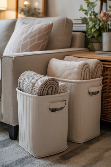 Keep Blankets in Decorative Fabric Baskets