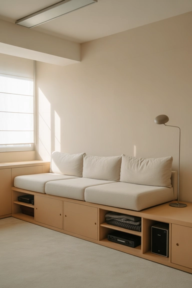 Raised Platform Sofa with Integrated Base Cabinet