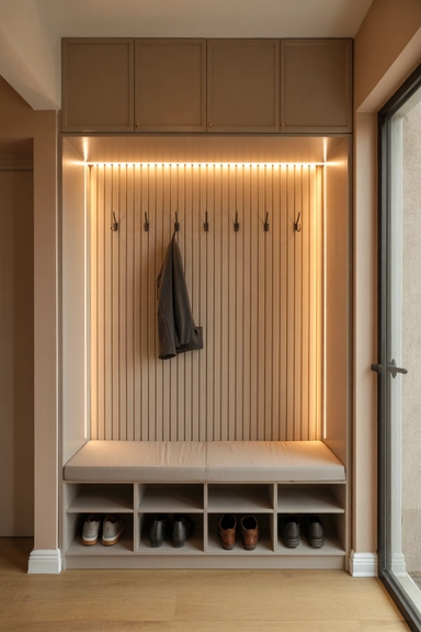 Recessed Entry Wall with Integrated Lighting and Structured Storage