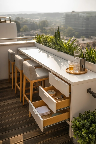 22 Small Balcony Storage Ideas That Add Space 18 Slim Drawer Unit Tucked Beneath a Bar Counter