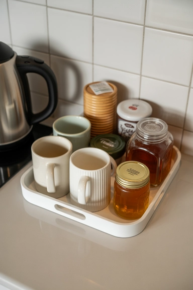 21 Tea Station Organization Ideas for a Cozy & Tidy Setup 19 Tea Station Tray with Mug Stack