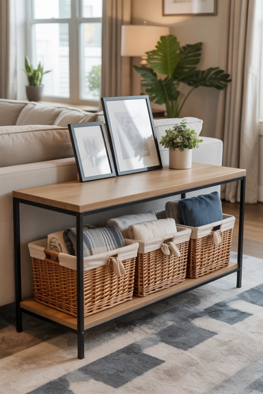 Store Blankets Under a Console Table