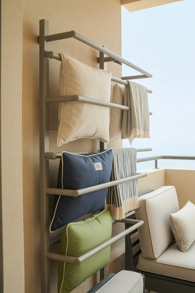 22 Small Balcony Storage Ideas That Add Space 19 Collapsible Wall Rack for Cushions and Textiles