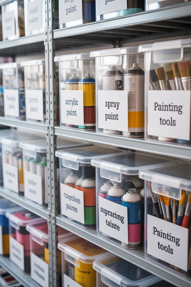 21 Paint Storage Ideas to Keep Supplies Organized 20 Labelled Paint Storage Bins
