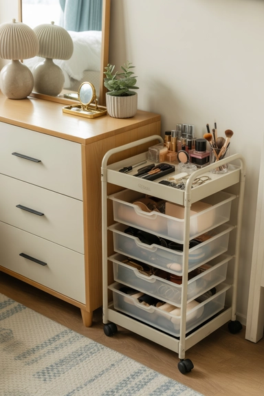 23 Bedroom Dresser Organization Ideas for a Clutter-Free Room 20 Add a Slim Storage Cart for Accessories