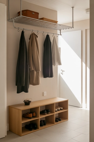 Ceiling-Mounted Hanging Rail Above a Structured Shoe Platform