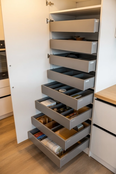 Drawer-Style Pantry With Horizontal Layering