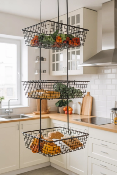 22 Genius Tiny Kitchen Storage Without Cabinets 20 Hanging Baskets From Ceiling or Wall Brackets