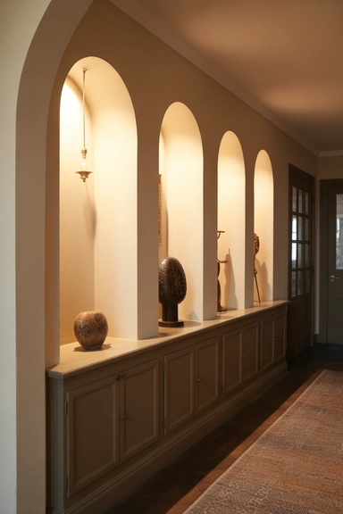 Shallow Arched Alcoves with Integrated Lower Cabinetry