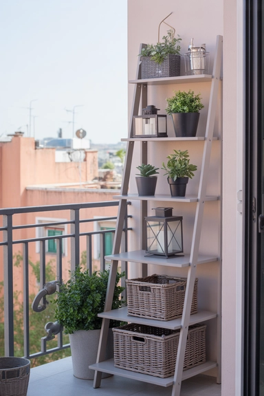 22 Small Balcony Storage Ideas That Add Space 20 Vertical Ladder Shelf Secured to the Wall