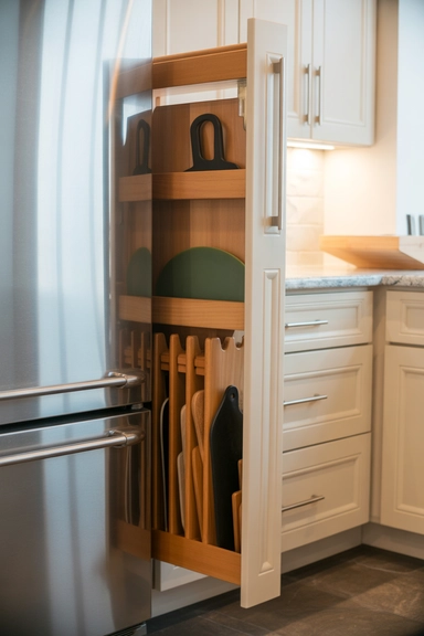21 Cutting Board Organization Ideas for Small Kitchens 3 Slim Pull-Out Cutting Board Storage Cabinets