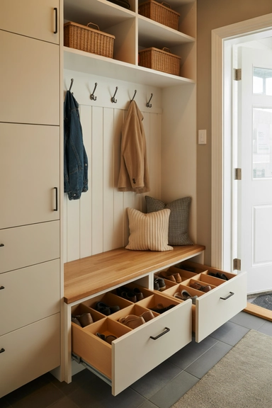 23 Mudroom Storage Ideas for Small Homes 3 Bench with Full-Extension Drawer System Instead of Open Cubbies
