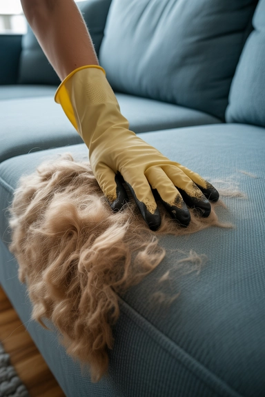 15 Living Room Cleaning Hacks for a Tidier Space 3 Rubber Gloves Pull Pet Hair Off Fabric