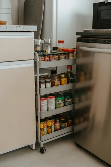 22 Genius Tiny Kitchen Storage Without Cabinets 3 Slim Pull-Out Storage Cart for Refrigerator Gaps