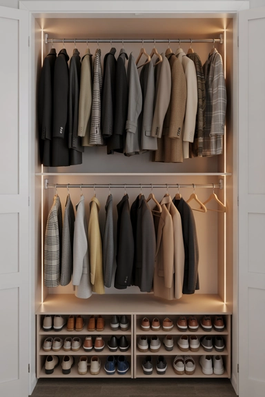 23 Mudroom Storage Ideas for Small Homes 21 Compact Mudroom Closet with Tiered Hanging Rods