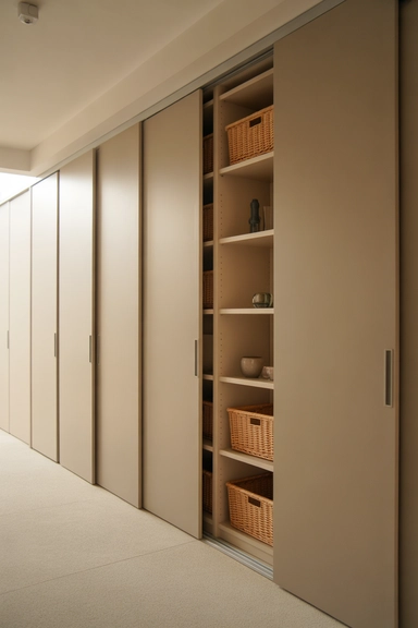 Full-Length Sliding Panel System Concealing Modular Storage