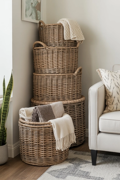 Display Blankets in a Decorative Basket Stack