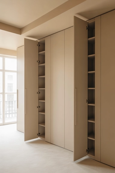 Built-In Wall Panels With Hidden Push-Open Cabinets
