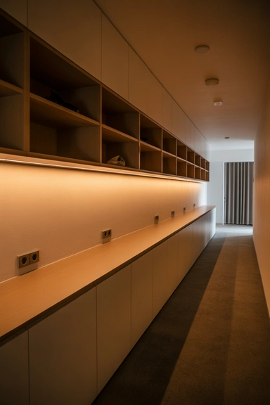 Integrated Lighting Shelf with Concealed Upper Storage