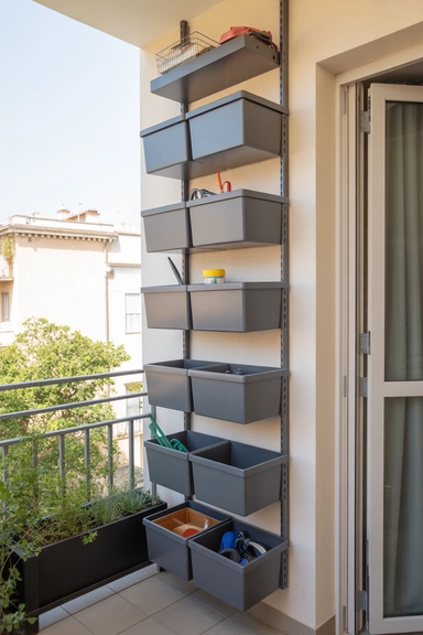 22 Small Balcony Storage Ideas That Add Space 22 Mounted Rail System With Sliding Storage Boxes