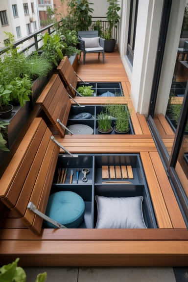 22 Small Balcony Storage Ideas That Add Space 23 Custom Built-In Platform With Hidden Lift Panels