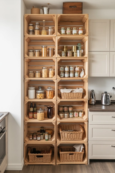 22 Genius Tiny Kitchen Storage Without Cabinets 23 Decorative Crates as Modular Pantry Blocks
