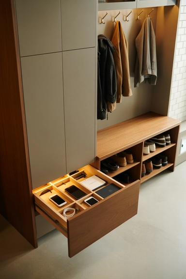 23 Mudroom Storage Ideas for Small Homes 23 Integrated Mudroom Cabinet with Hidden Charging Drawer