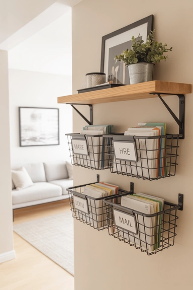 Floating Shelf With Labeled Wire Baskets