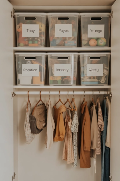 High Closet Shelf With Uniform Storage Boxes