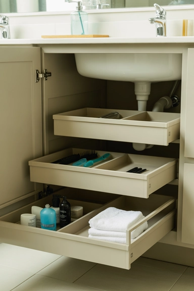 21 Vanity Organization Ideas for Small Spaces 4 Under-Sink Pull-Out Trays for Hidden Storage