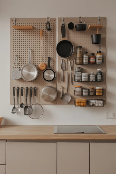 22 Genius Tiny Kitchen Storage Without Cabinets 4 Wall-Mounted Pegboard System for Modular Storage